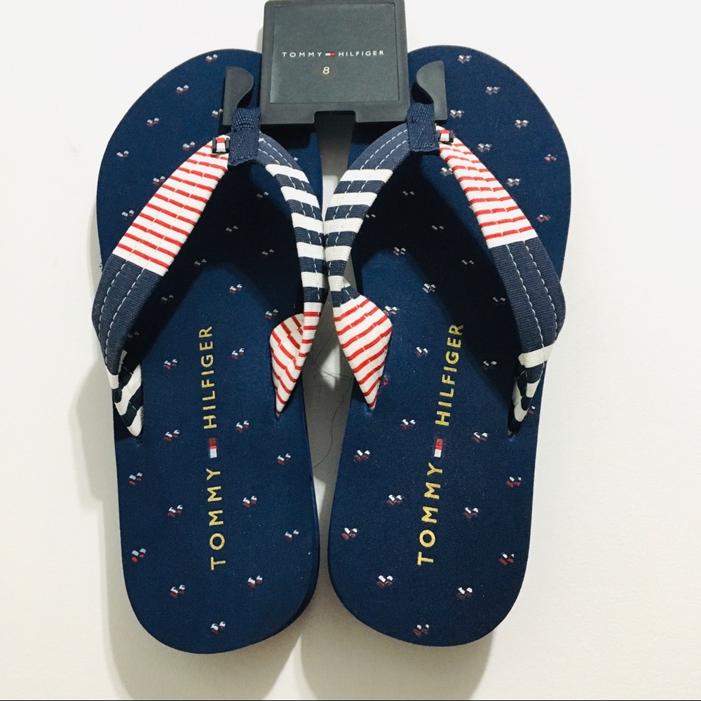 NEW Tommy Hilfiger Women’s Blue American Flag Beach Pool Slip On Flip Flops